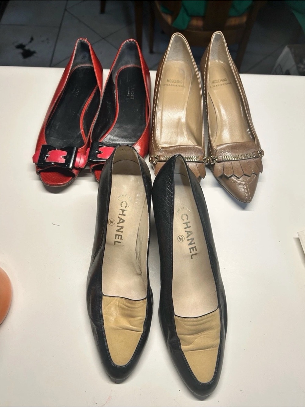 CHANEL 38 GUCCI 6 MOSCHINO 36.5 Designer Shoe Lot 3 Pairs Heels Vintage AS IS